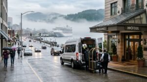 Seattle hotel entrance with shuttle van and cruise ship on the waterfront