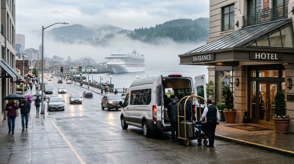 Seattle hotel entrance with shuttle van and cruise ship on the waterfront