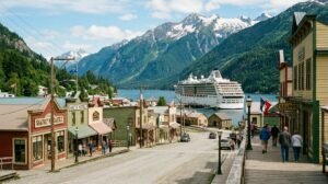 Historic Skagway town with a cruise ship docked in the fjord behind