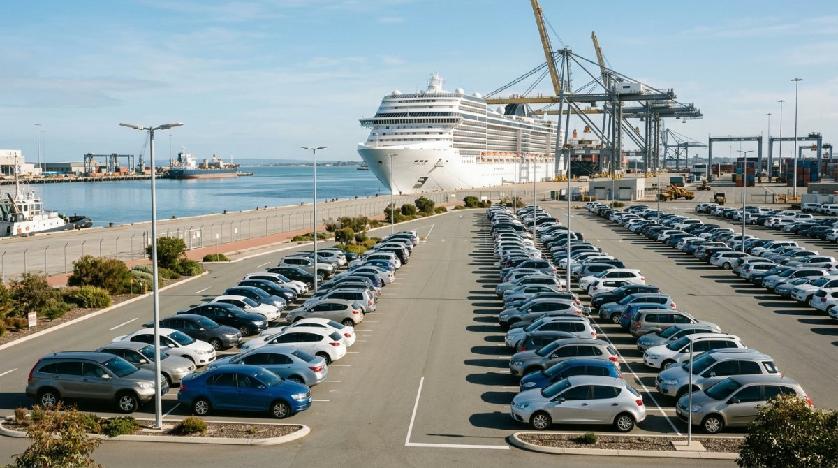 Long-stay car park beside Southampton cruise terminal with a cruise ship behind