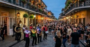 New Orleans French Quarter street with brass band at dusk