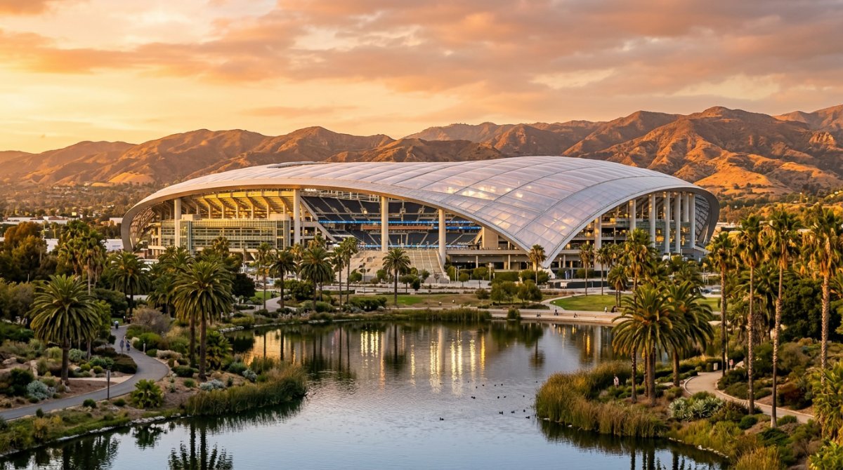Modern stadium in Inglewood, Los Angeles at golden hour