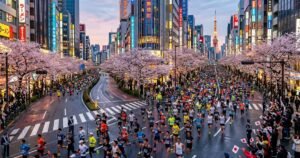 Marathon runners in Tokyo streets with neon and cherry blossoms