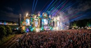 Fairytale-themed electronic festival main stage at night