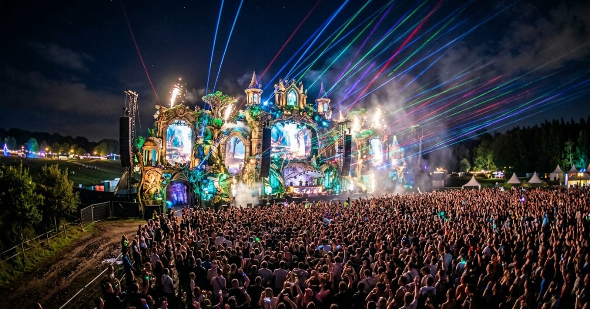 Fairytale-themed electronic festival main stage at night