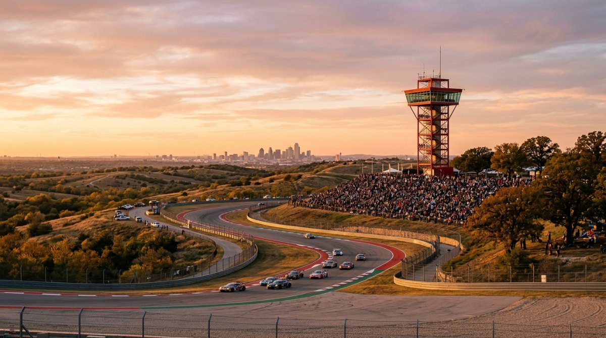 Racing circuit grandstands outside Austin, Texas, at sunset on US Grand Prix weekend