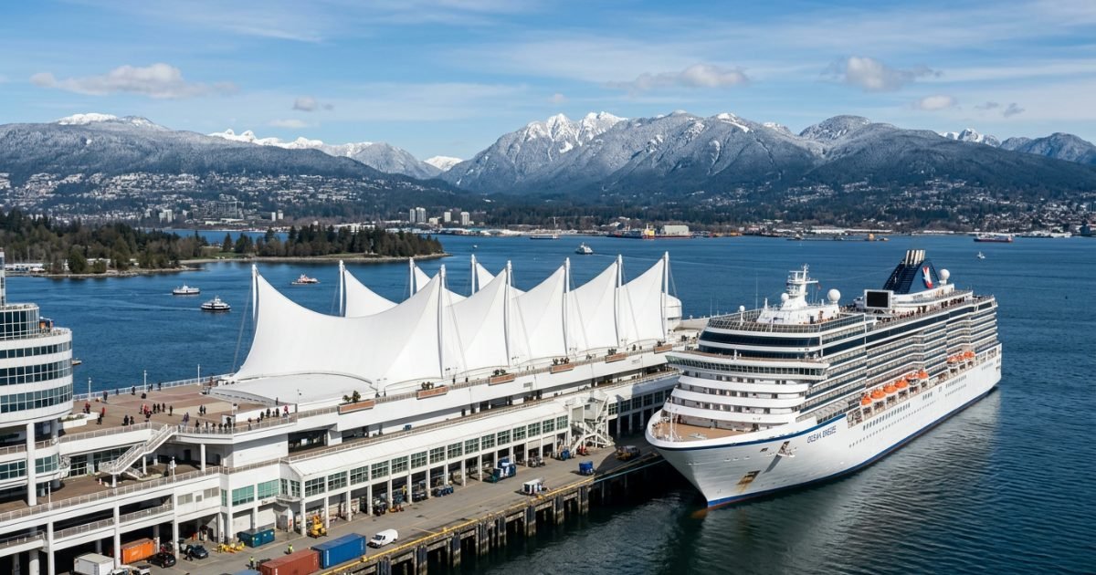 Cruise ship at Vancouver harbour with mountains