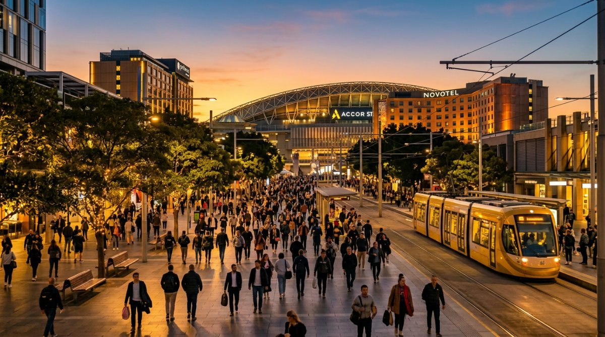 Stadium precinct at Sydney Olympic Park at dusk