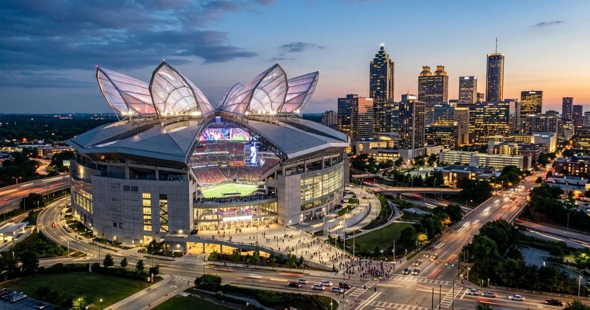 Atlanta stadium with petal roof and skyline at dusk