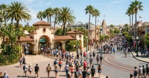 Disneyland-style California theme park entrance with palm trees