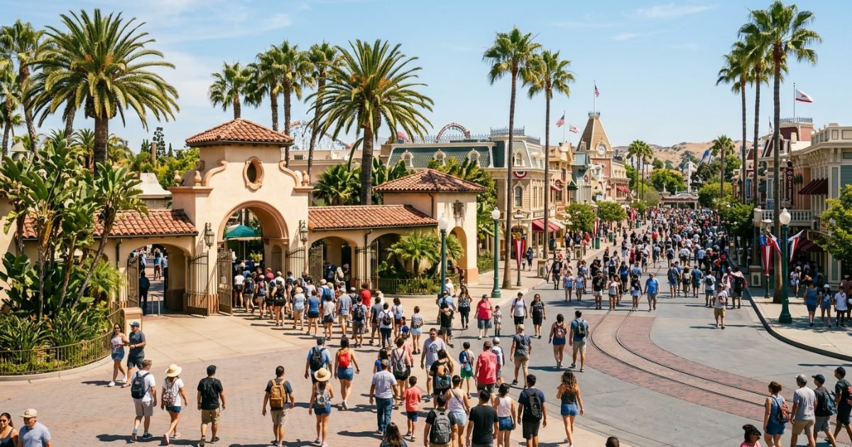 Disneyland-style California theme park entrance with palm trees