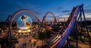 Roller coaster and illuminated landmark at a theme resort at twilight