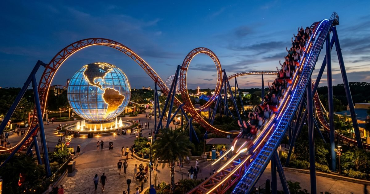 Roller coaster and illuminated landmark at a theme resort at twilight