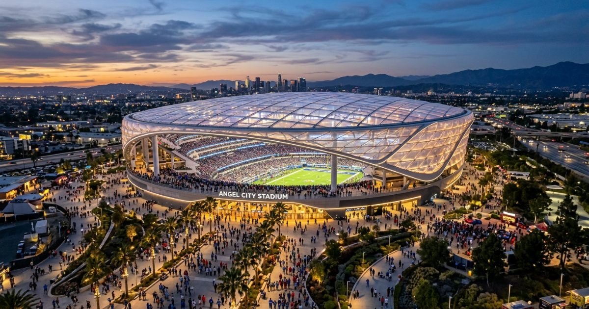 Futuristic Los Angeles stadium with translucent roof at dusk