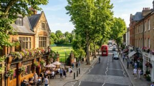 Leafy Wimbledon Village high street in summer